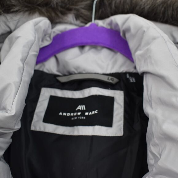 Andrew Marc NWT Tremont Water Resistant Down Quilted Parka Faux Fur Trim Moon L - Picture 7 of 10